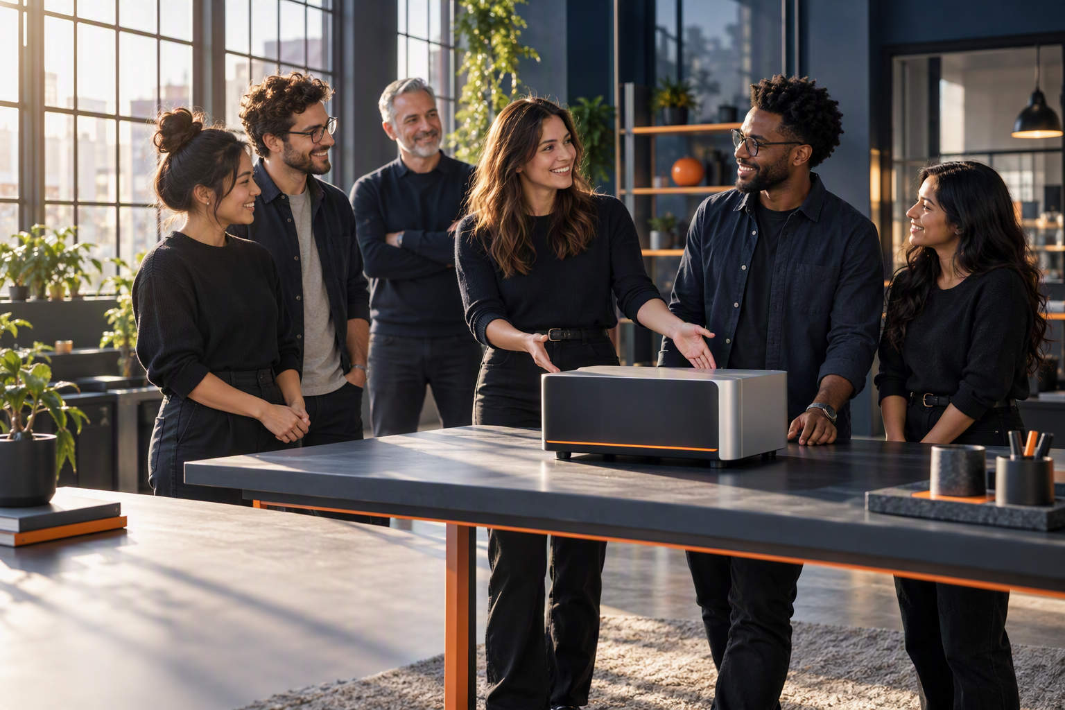A confident engineering team presenting a finished product
