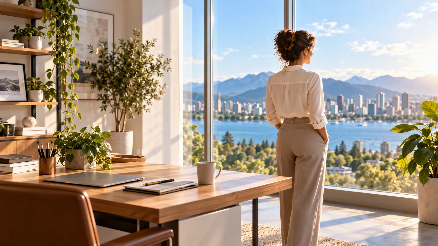 A professional stands beside a calm organized workspace.