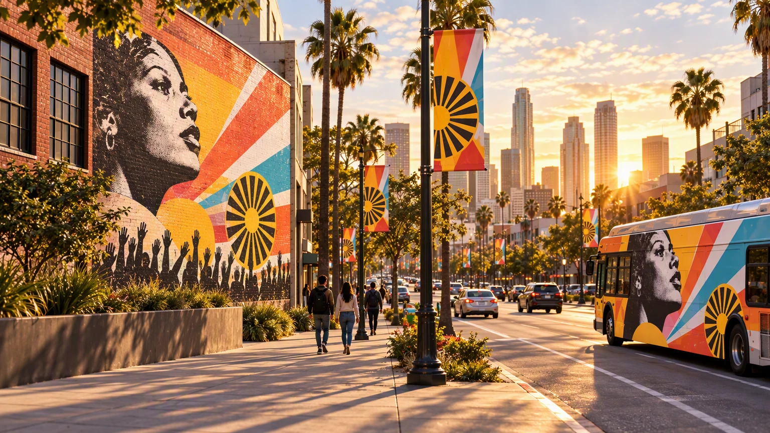 A coordinated campaign reaches people across a bright city street.