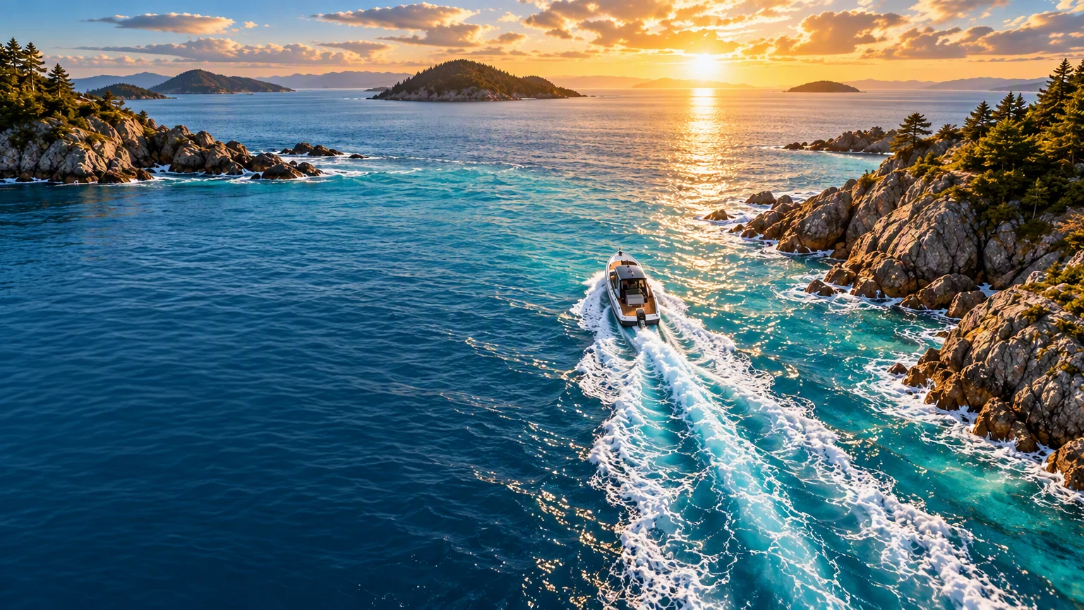 A single craft navigates a bright coastal channel toward open water.