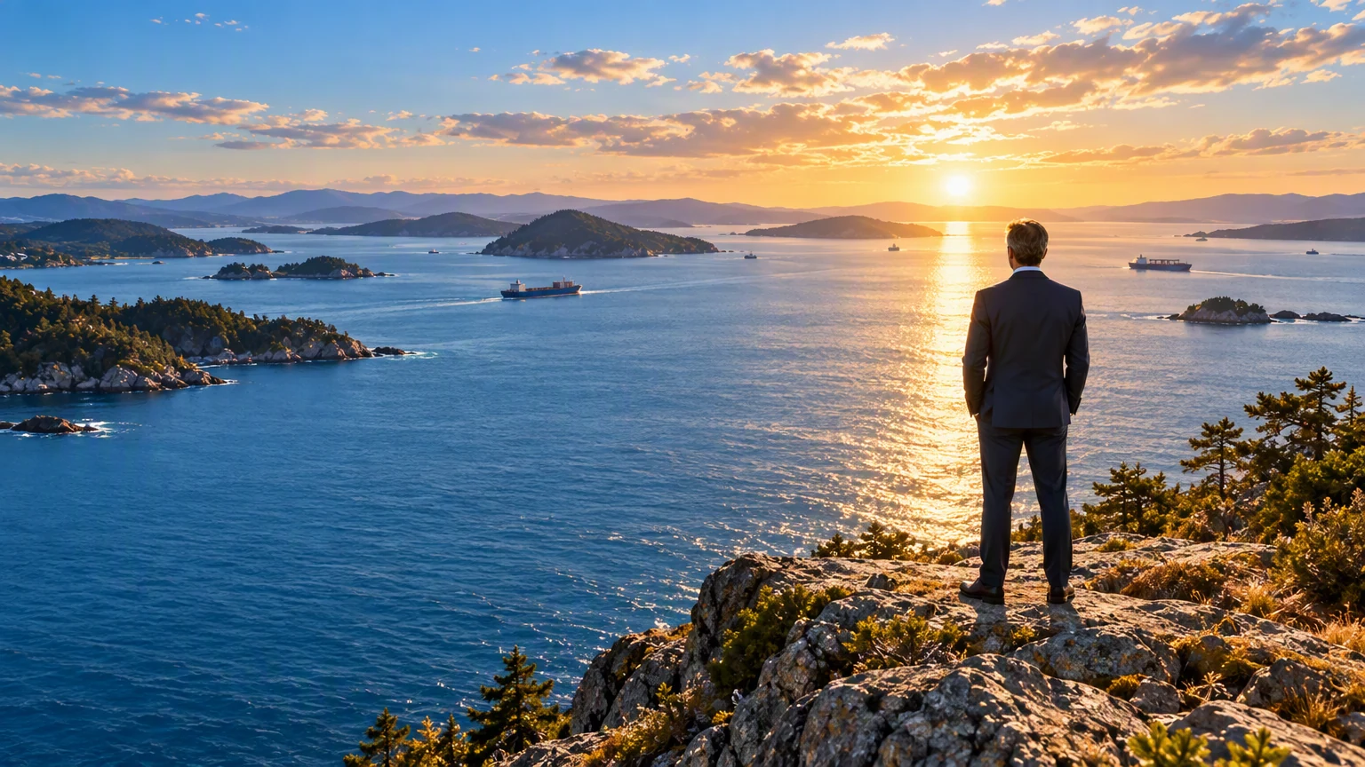 A leader surveys a wide coastal market landscape.