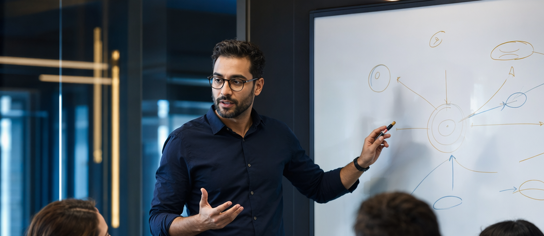 An executive coach leading a strategy workshop with a leadership team