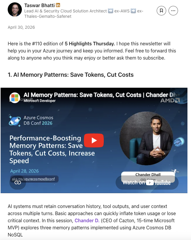 Microsoft LinkedIn newsletter feature from April 30, 2026