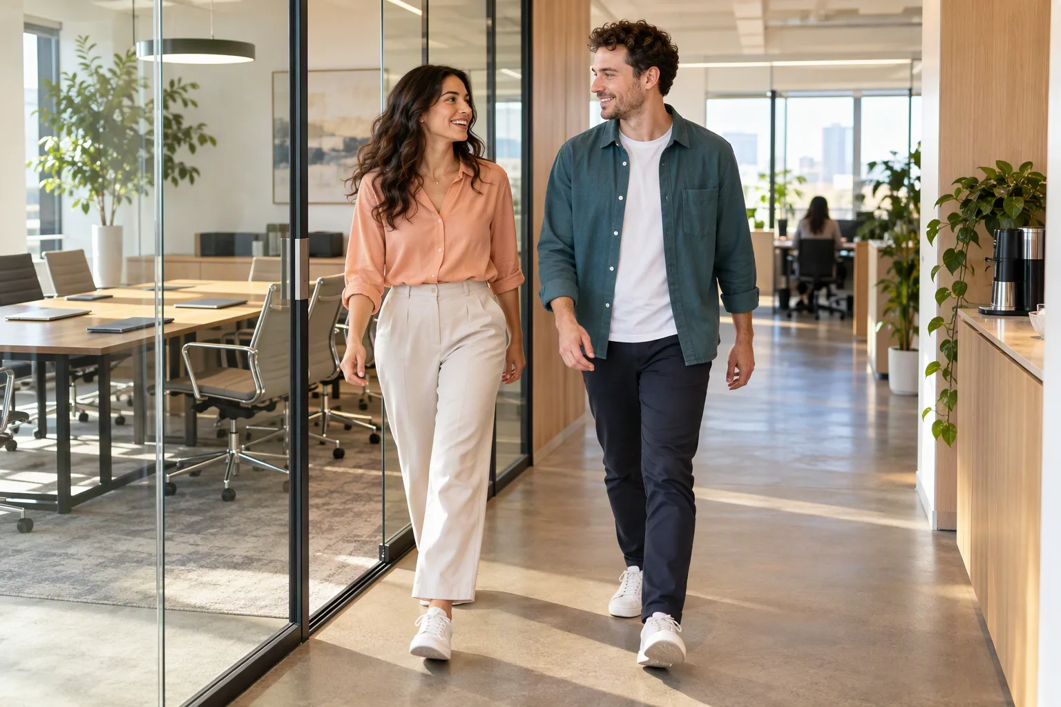 Two younger colleagues leave a project meeting room during an ordinary break between sessions.
