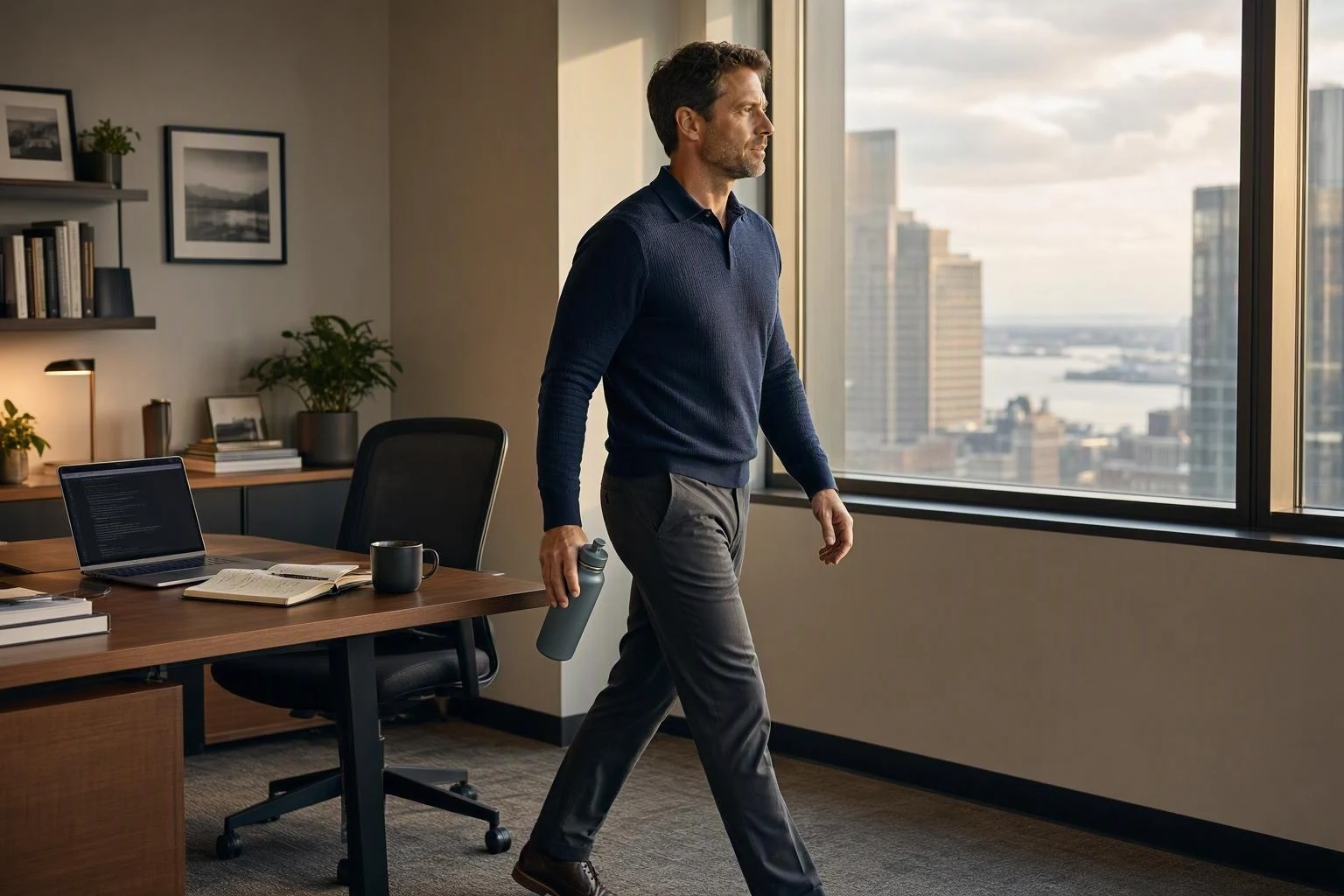 A professional walks away from his desk with a water bottle during a short workday break.