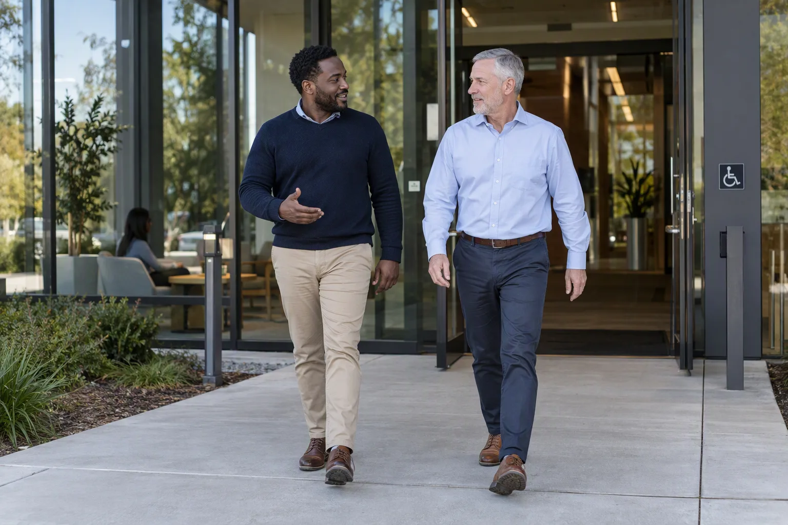Two colleagues take an ordinary break on an accessible office-campus path.