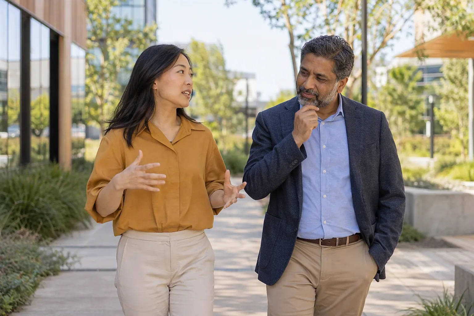 Two colleagues explore ideas while walking on a landscaped office-campus path.