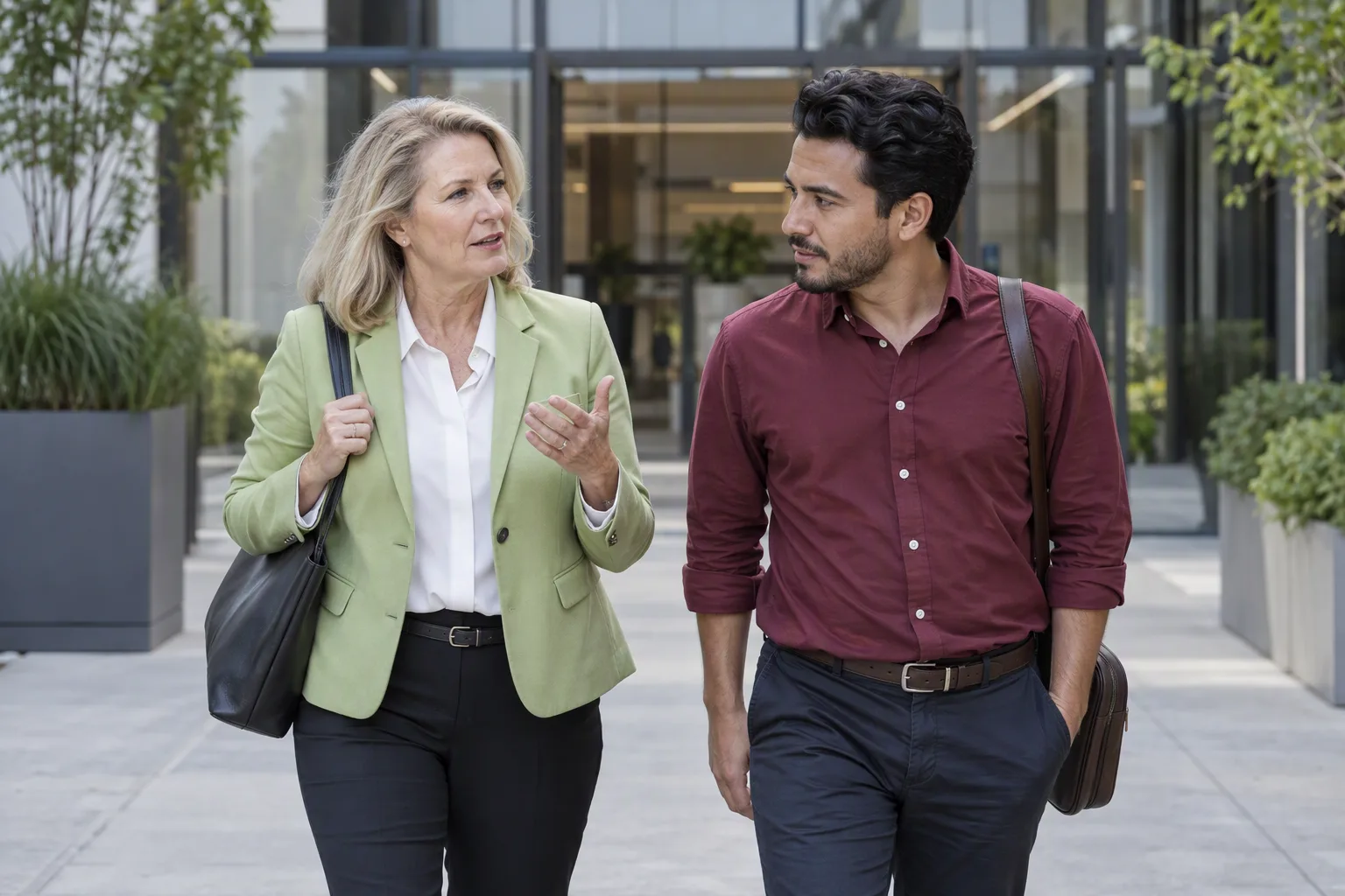 Two colleagues discuss an idea on a level office-courtyard path.