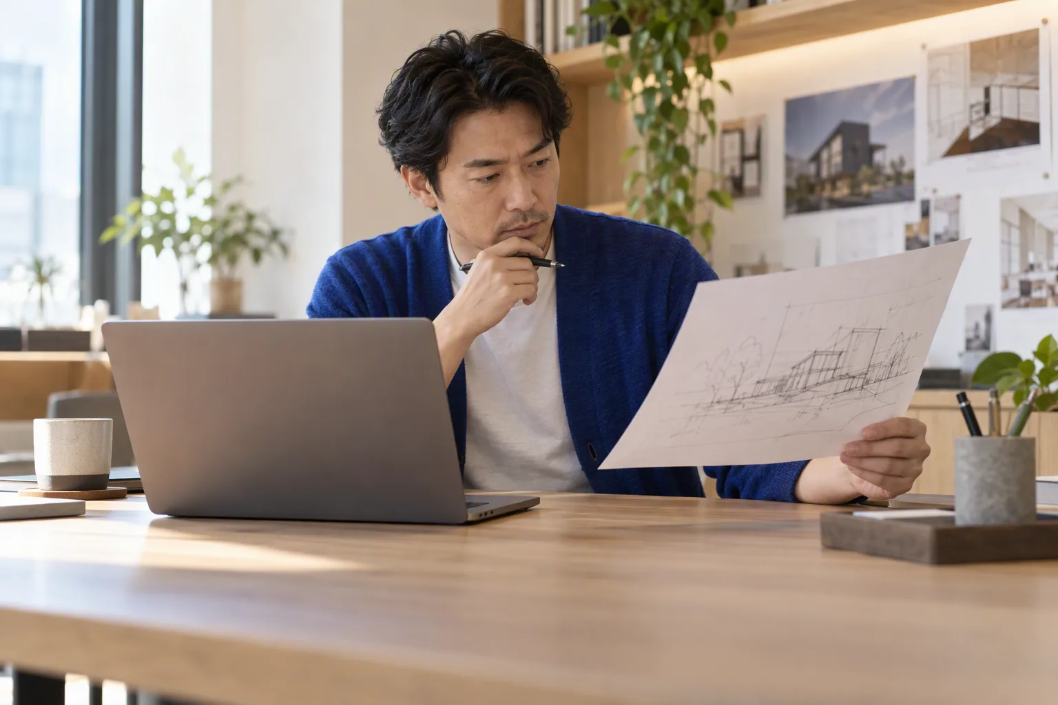 A professional compares a design sketch and laptop in a quiet project nook.