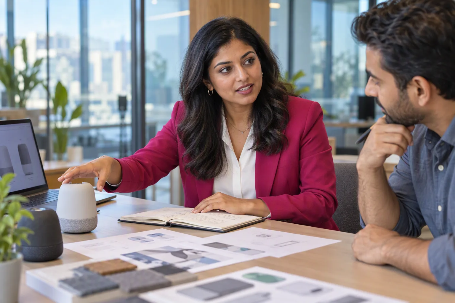 A product manager discusses a choice with a colleague beside her decision notebook and prototype samples.