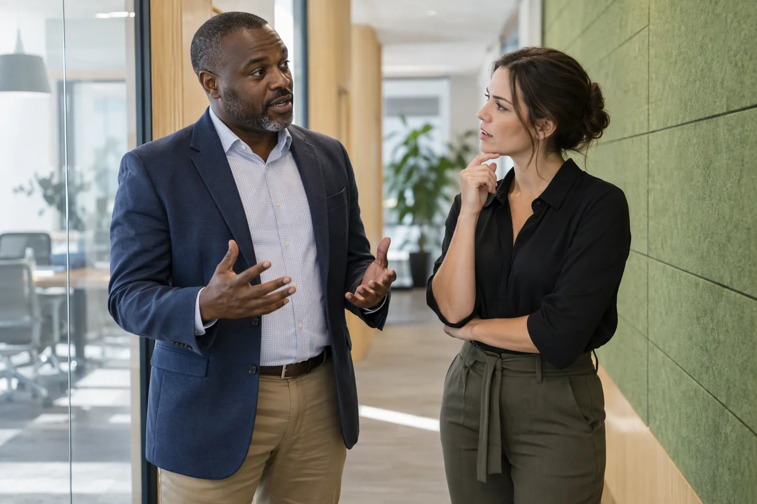 A delivery lead rehearses a recommendation with a colleague outside a meeting room.