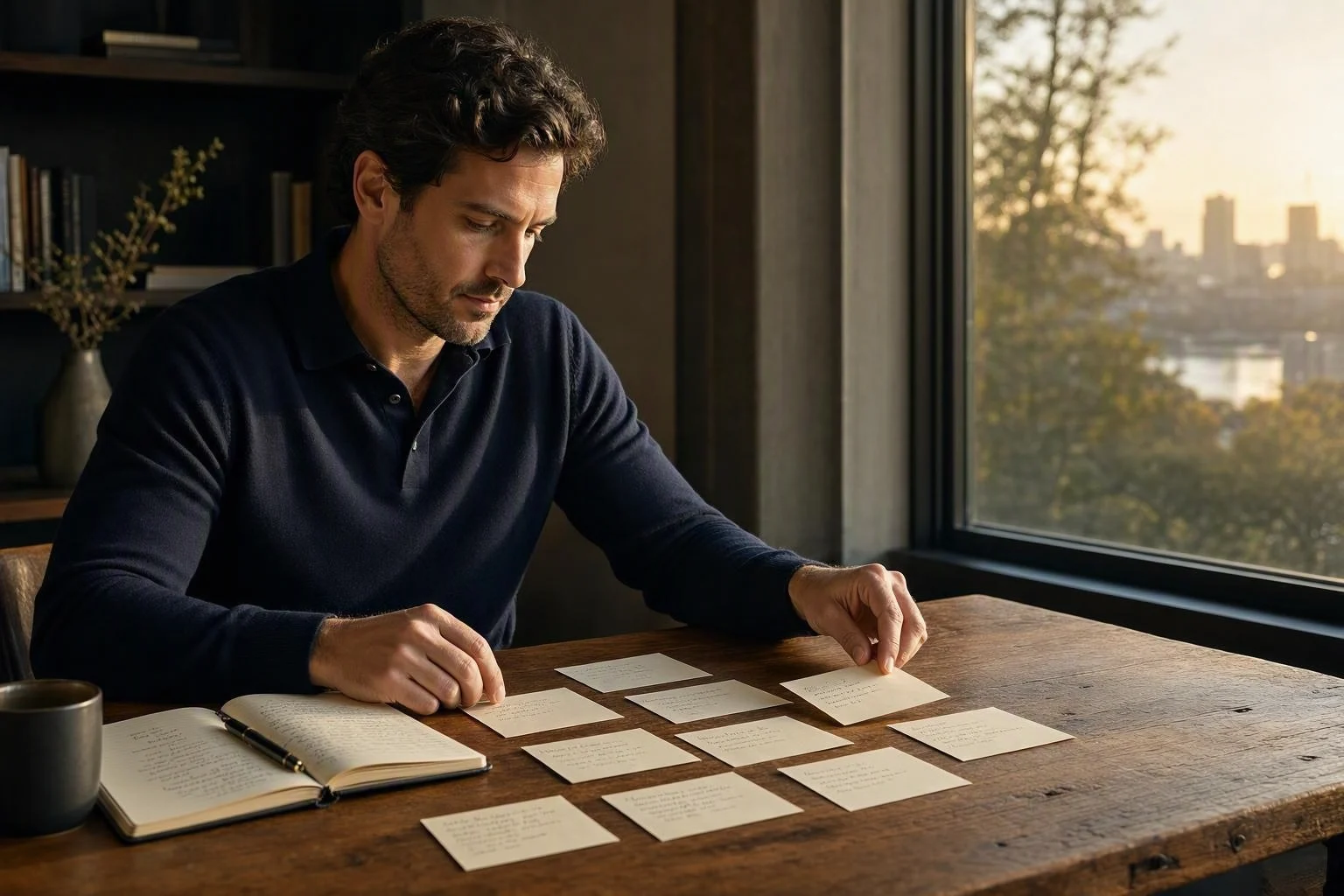 A person arranging handwritten notes into a clear sequence beside an open notebook.