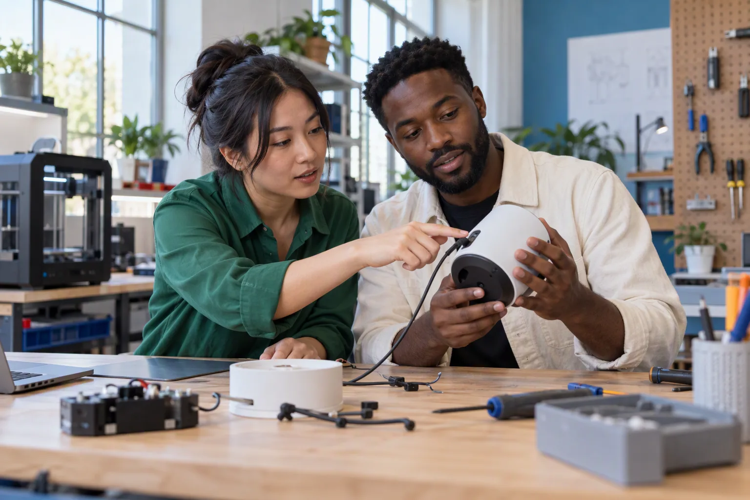 Two product engineers inspect a prototype connection together at a bright studio workbench.