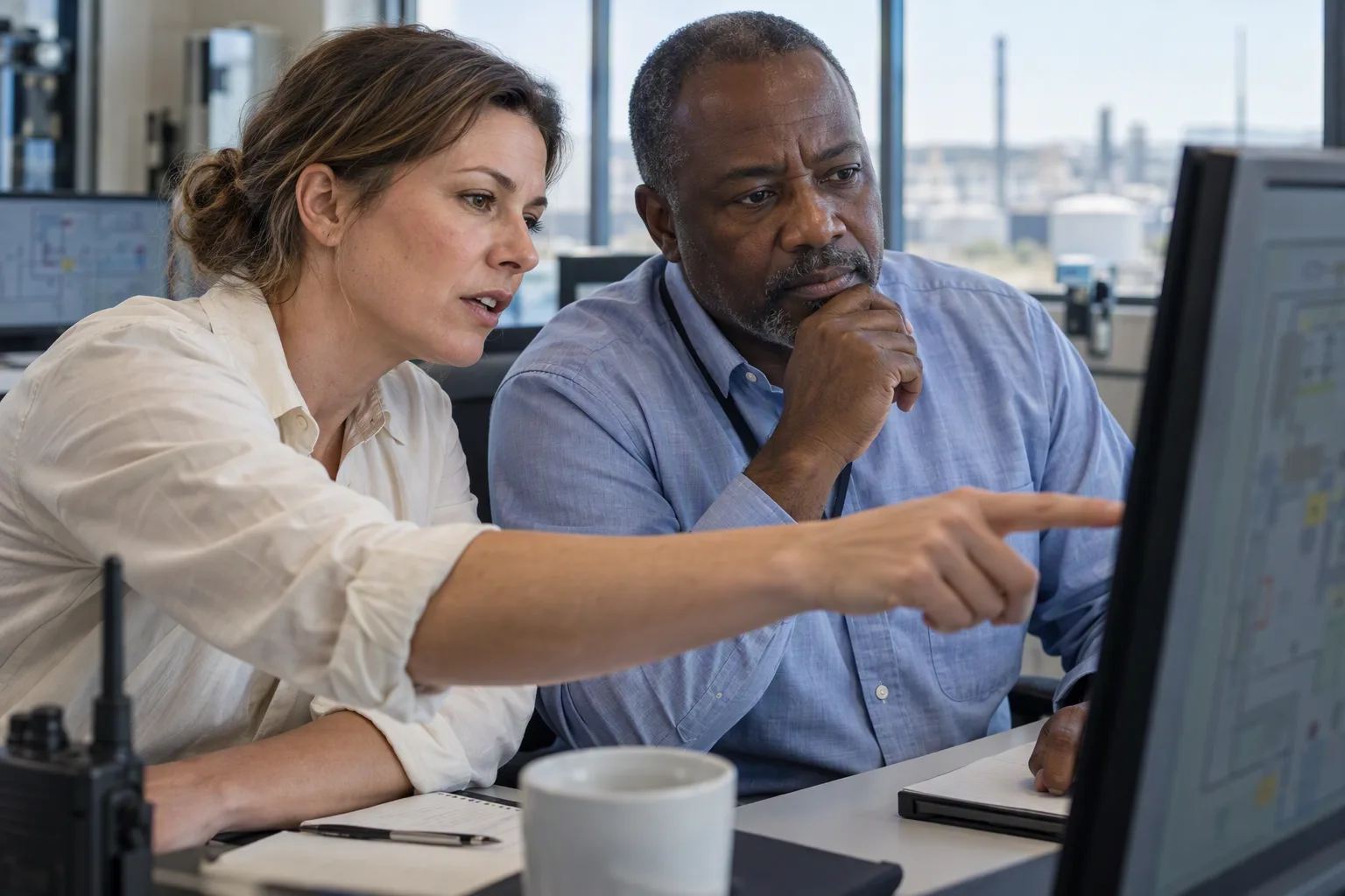 Two colleagues closely inspect one monitor during a measured operations discussion.