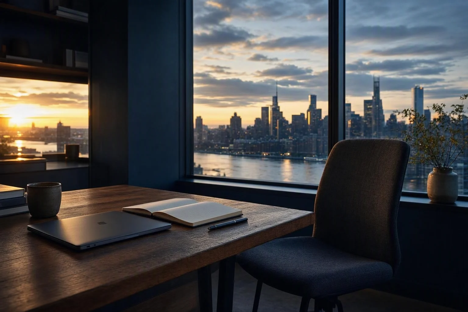 A tidy desk at the end of the day with a closed laptop, notebook, and evening light.