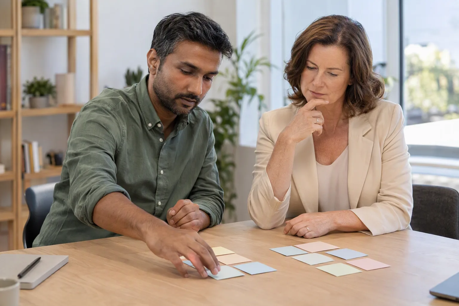 Two colleagues compare three groups of blank task cards at a project table.