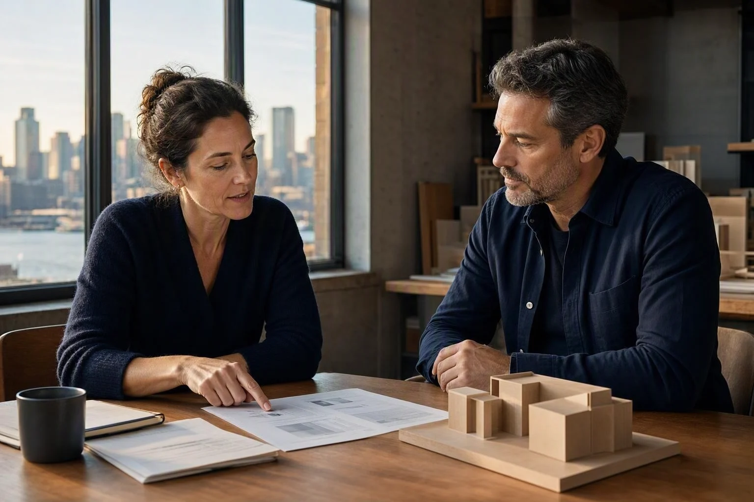 Two colleagues reviewing a concise project handoff together at a sunlit worktable.