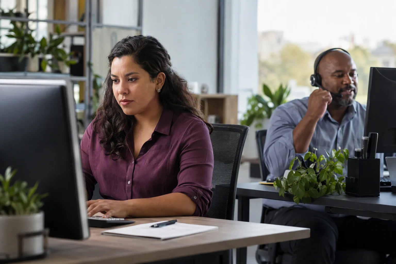 A developer works at one monitor while a colleague handles a support conversation nearby.