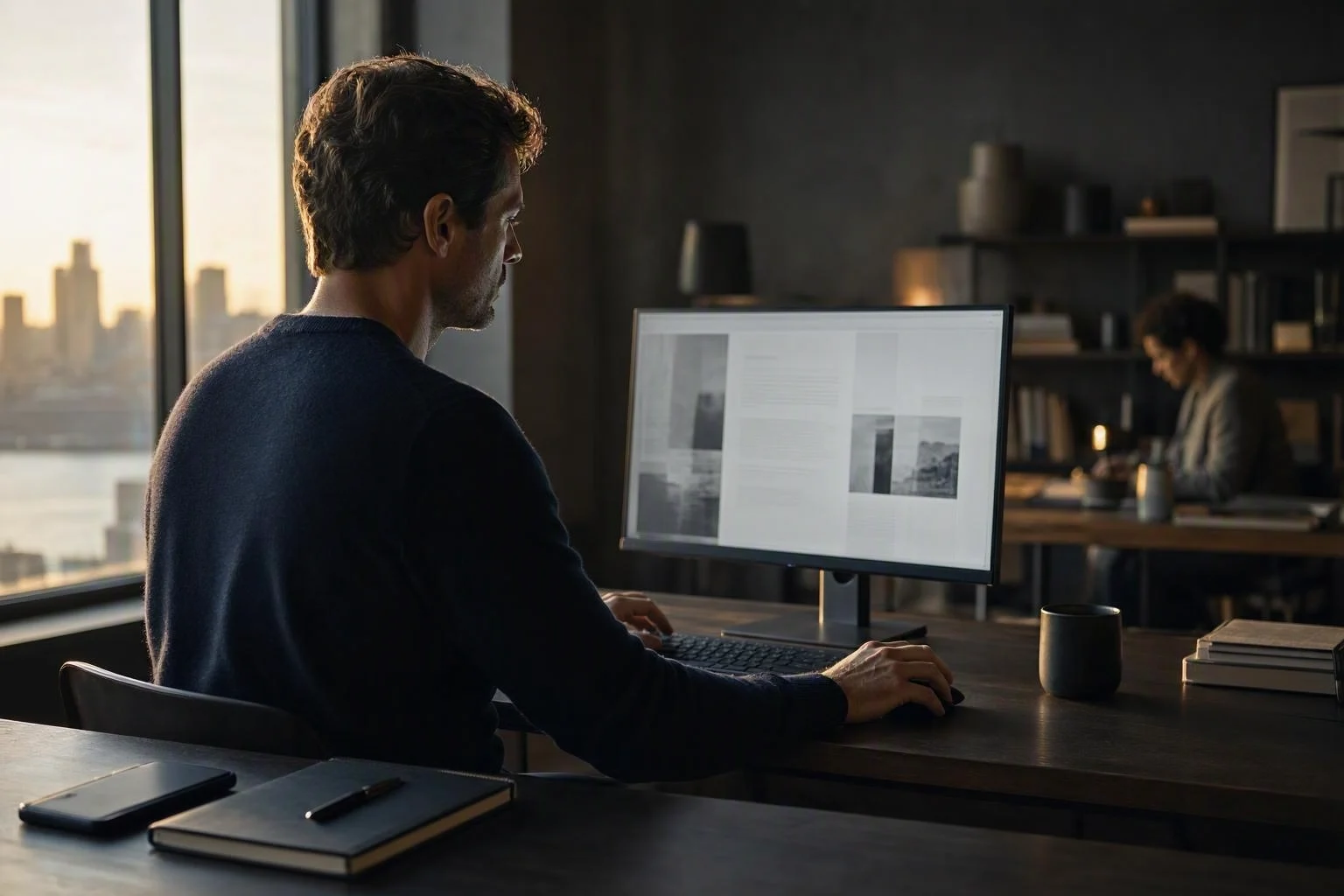 A focused professional working at one screen while a phone and closed notebook sit out of reach.