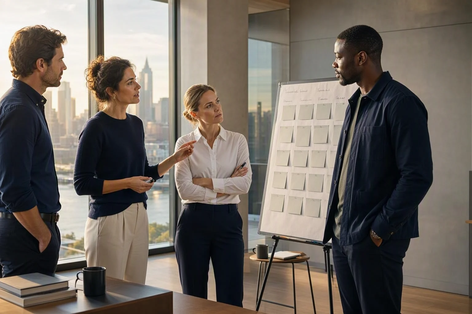 A small team standing around a simple planning board during a focused conversation.