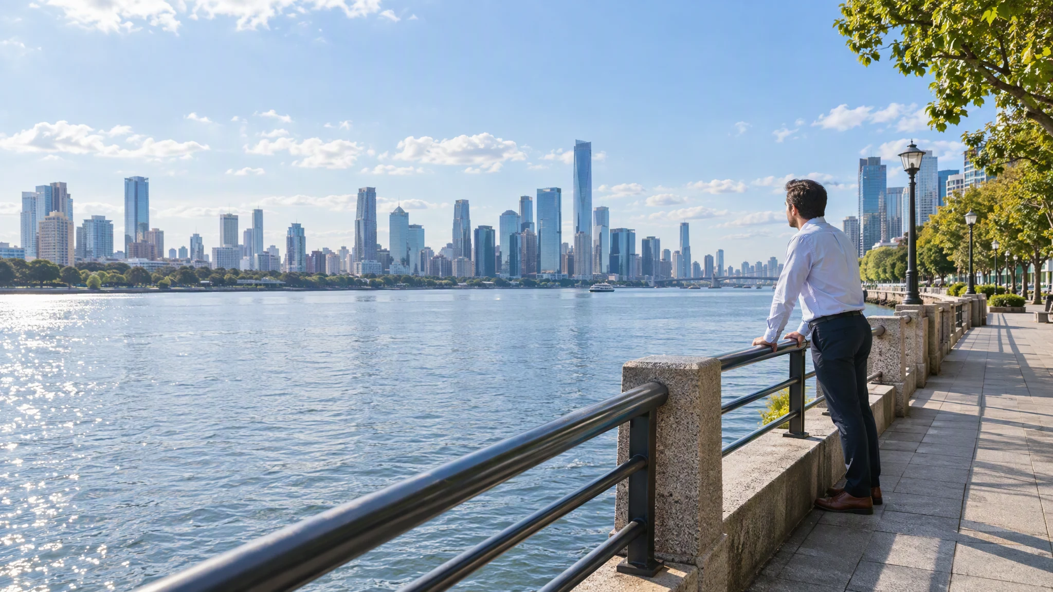 A man pauses on a bright waterfront promenade and looks across the river toward the city.