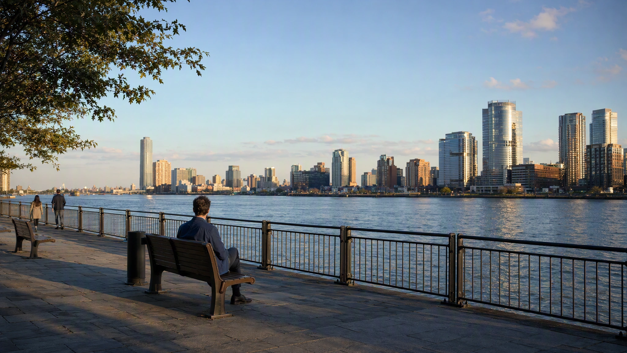 A person looking across the river toward a wide city skyline.