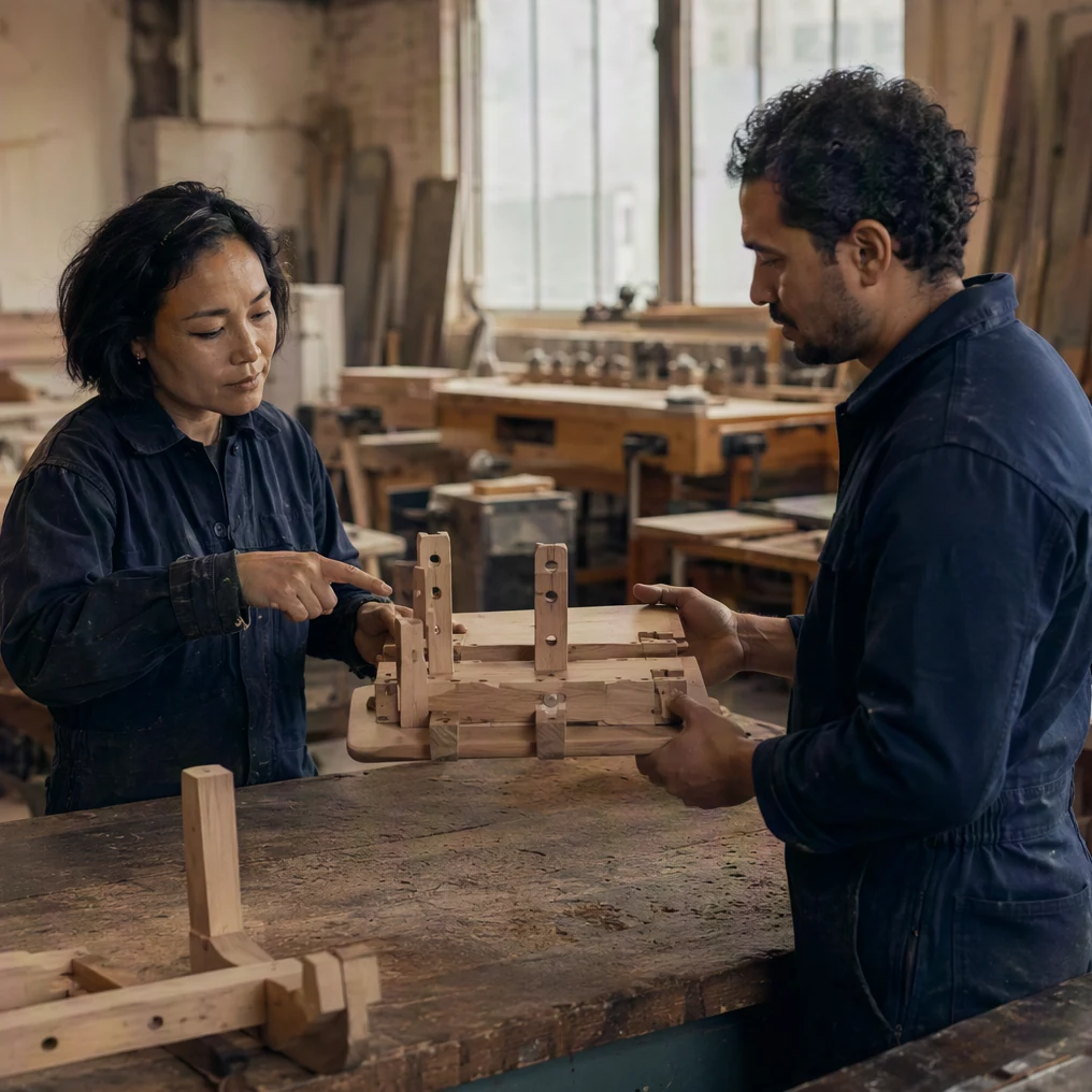 One craftsperson points out the joinery while another listens.