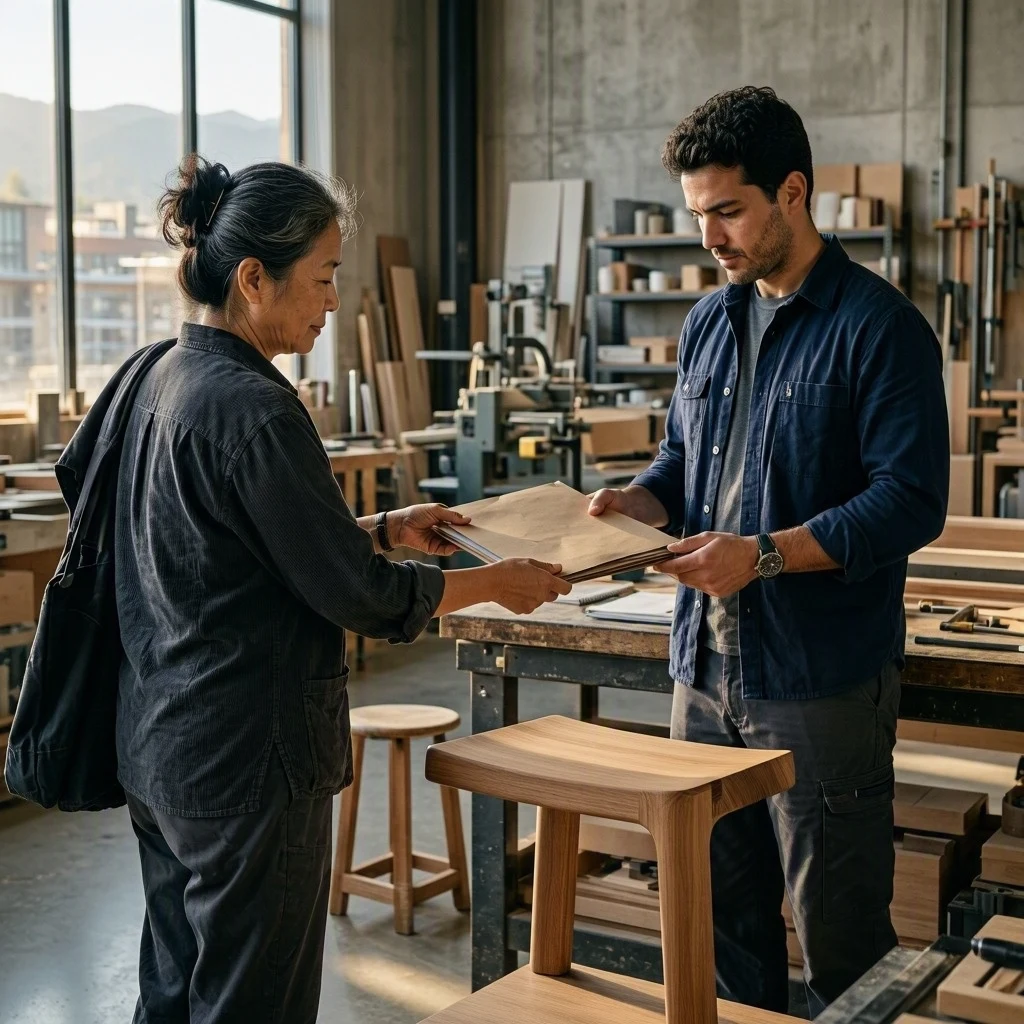 Two craftspeople transfer a project folder beside a finished wooden stool.
