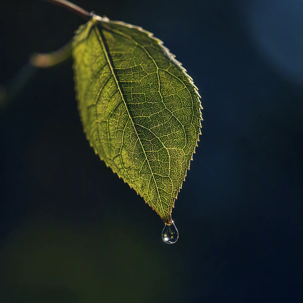 The veins of a green leaf surround a suspended dew drop.