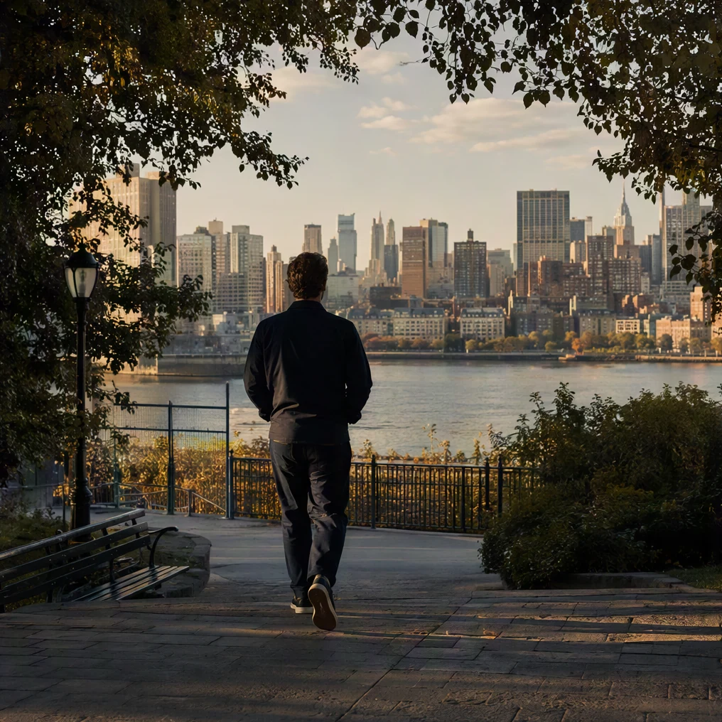 A person walks toward an open riverside overlook.
