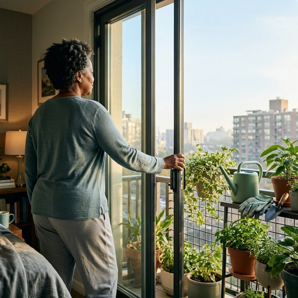 A woman opens the balcony door where gardening tools are ready beside the plants.